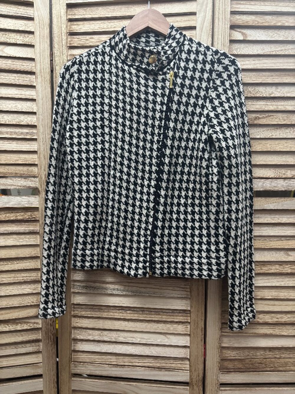 Chaps Houndstooth Moto Zipper Sweater Jacket S